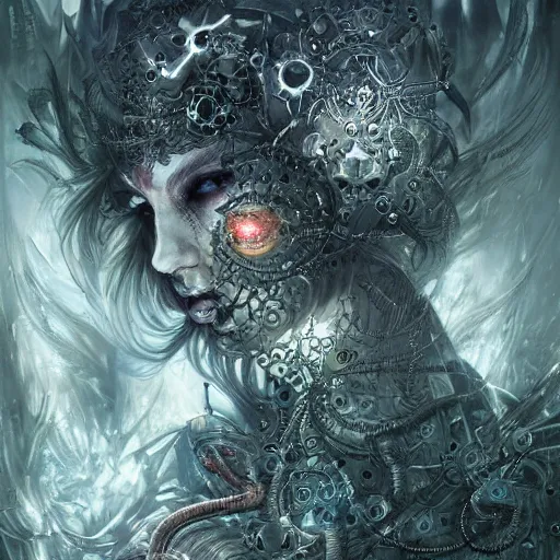 Image similar to cybernetic demon dreaming, lsd, circuitry, intricate detail, royo, whealan, hd,