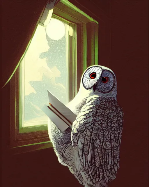 Prompt: polar owl delivers an envelope at the window - sill, by artgerm, victo ngai, ryohei hase, artstation, highly detailed digital painting, smooth, global illumination, art by john james audubon by greg rutkowsky, karl spitzweg, leyendecker