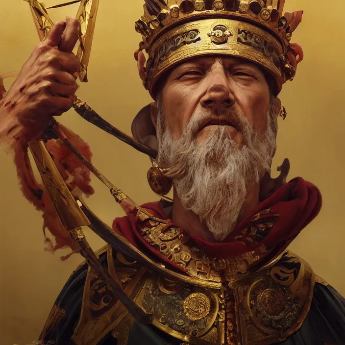 Image similar to excellent painted portrait of the last emperor of rome the ancient caesar invictus, high quality masterpiece painting with detailed face, 4k, trending on artstation, octane render, art by artgerm and greg rutkowski and alphonse mucha and craig mullins and James Jean and Andrei Riabovitchev and Marc Simonetti and peter mohrbacher