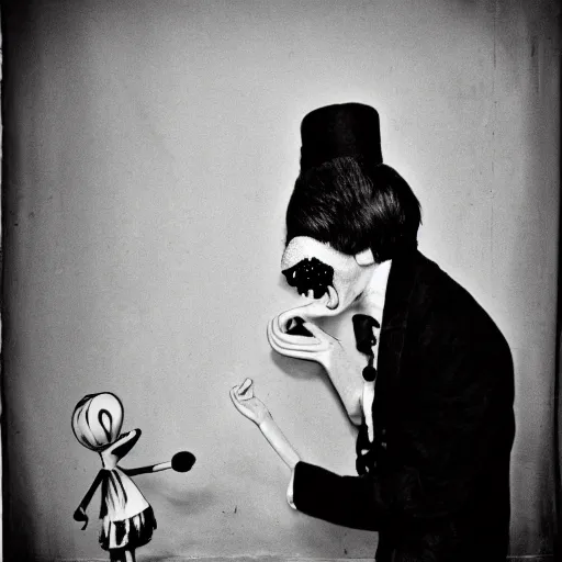 Image similar to a black and white photograph by gary baseman, robert crumb, jim henson, photorealistic, surreal, high contrast, film photography