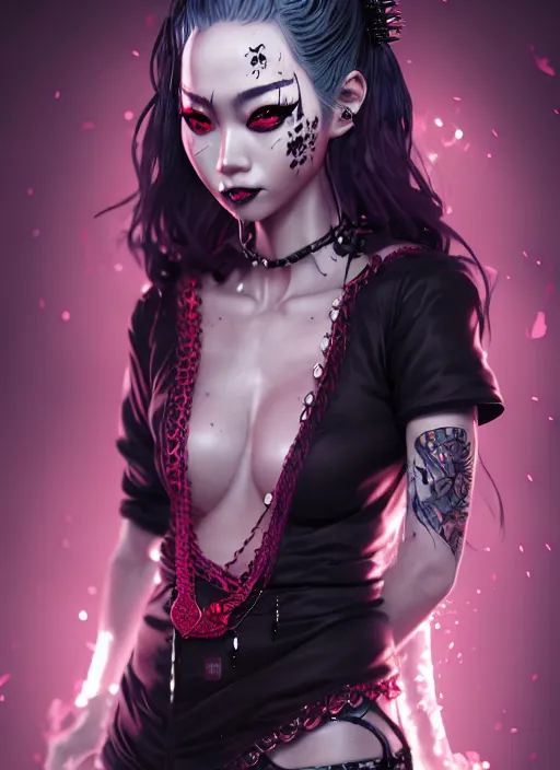 Image similar to soft lustrous ebony geisha seductive raver yakuza gothic gutter punk, highly detailed, digital painting, octane render, artstation, concept art, smooth, sharp focus, illustration, art by artgerm, loish, wlop