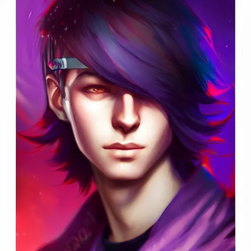 Image similar to colorful and festive captivating teenager boy with straight purple hair, purple eyes with red eye markers, slim body, wearing japanese combat clothes. rich vivid colors, ambient lighting, dynamic lighting, 4 k, atmospheric lighting, painted, intricate, highly detailed by charlie bowater