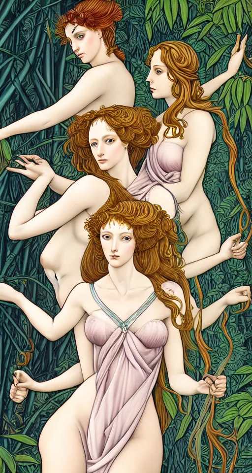 Prompt: three amazon queens, in a mixed style of Botticelli and Æon Flux, inspired by pre-raphaelite paintings and shoujo manga, surrounded by a misty jungle landscape, hyper detailed, stunning inking lines, flat colors, 4K photorealistic