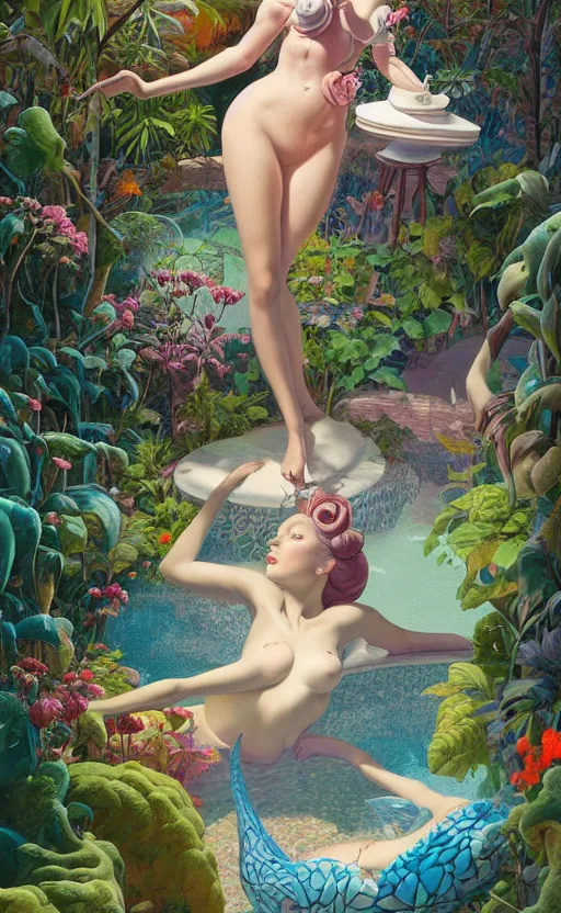 Prompt: a secret garden with a big pool, very coherent, painted by gil elvgren, wayne barlowe, painted by james gilleard, airbrush, art by james jean, surrealist art, houdini algorithmic generative art