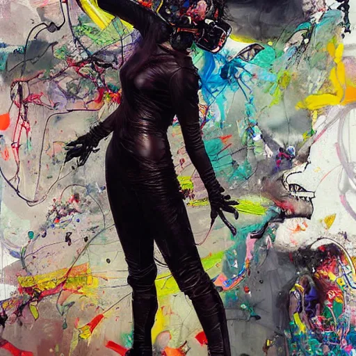 Image similar to grinning woman in a vr headset wearing leather outfit, dynamic energic pose, cyberpunk in the style of adrian ghenie, esao andrews, jenny saville, surrealism, dark art by james jean, takato yamamoto