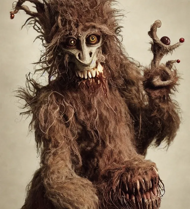 Prompt: hyper realistic photography of hairy fluffy muppet show horror nightmare cultist elf goblin monster with long arms, real teeth, glass beads clay amulets, full body, cinematic symmetric dark _ crystal, brian froud, alan lee, jean baptiste monge, scott radke