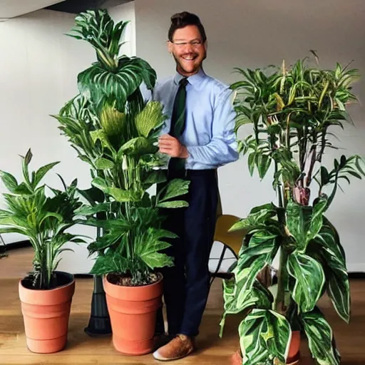 Prompt: plants for hire as office interns. working plants, plants in business casual outfits. plants wearing pants.