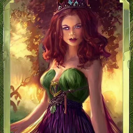 Prompt: A beautiful Queen-of-the-Fae-with-brown-hair wearing an all-green-pleated-dress and a silver-diadem, Magic the Gathering card art