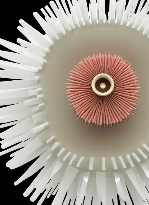 Image similar to perfume bottle standing in the center of a biomechanical white enchanted coral flat plate made of daisies in an ivory room well contoured smooth fair walls, up close shot, sharp focus, global illumination, radiant light, alexandre ferra white mecha, irakli nadar, octane highly render, 4 k, ultra hd,