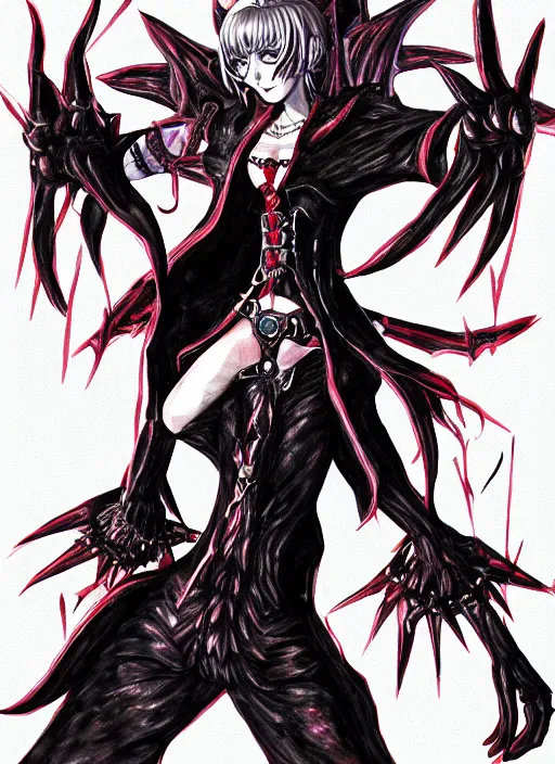 Prompt: shin megami tensei art of a demon called margaret thatcher, art by kazuma kaneko, demonic! compedium!, digital drawing, law - alligned, white background, high quality, highly detailed