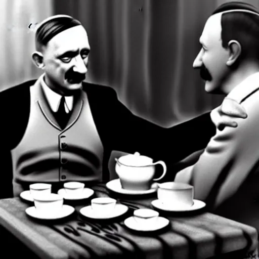 Image similar to a photo of hitler take tea with a muslim, photorealistic, realism, black and white