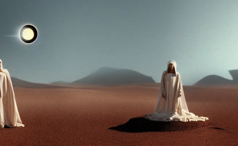 Image similar to levitating bene gesserit with white flowers and golden mask inside a thick black smoke in rocky desert landscape, solar eclipse in the sky, dry earth by gaspar noe and christopher doyle, anamorphic lens, anamorphic lens flares, kodakchrome, cinematic composition, practical effects, award winning photo, 8 k