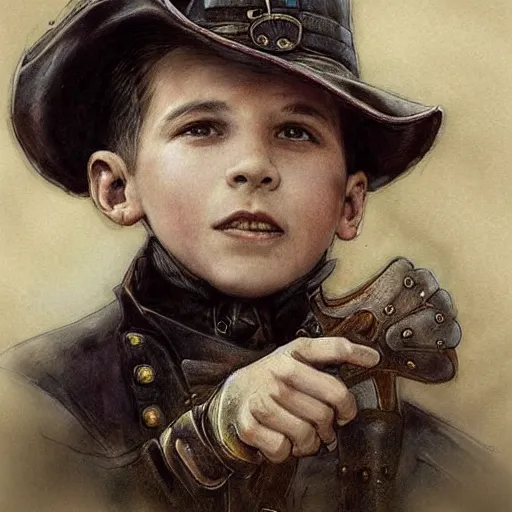 Image similar to by Jean-Baptiste Monge !!!!!!!!!!!!!!!!!!!!!!!!!!!!!!!!!!!!! (((((((((((((portrait of boy dressed as steampunk detective wearing leather gloves . muted colors. art sketch)))))))))))))