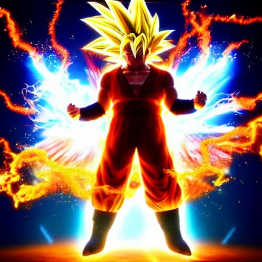 Image similar to ultra - realistic, 3 d render of donald trump going super - saiyan with manga energy explosion in the background, octane render