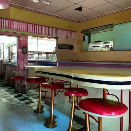 Prompt: an abandoned 1 9 5 0 s diner, pristine condition, kenopsia
