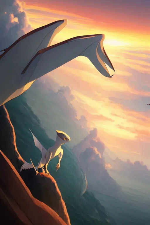 Image similar to a large smooth skinned white creature hybrid pterosaur, sitting on a cliff high in the sky, sunset, backlit, beautiful composition, by makoto shinkai an krenz cushart