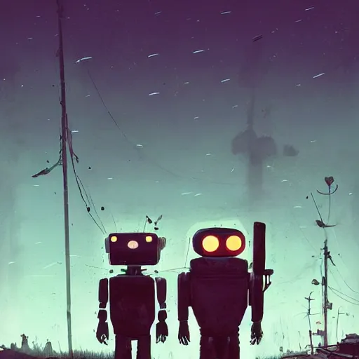 Image similar to Beautiful cinematic scene of two damaged robots standing near an abandoned gas station, post apocalyptic, at night, peaceful, science fiction, award-winning, cinematic lighting, insanely detailed, very realistic, Artstation, Cgsociety, by Simon Stalenhag, directed by Denis Villeneuve, filmic