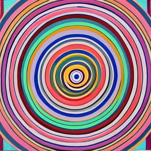 Prompt: painting in the style of frank stella, concentric circles, geometric, evenly spaced, minimalist, very colorful