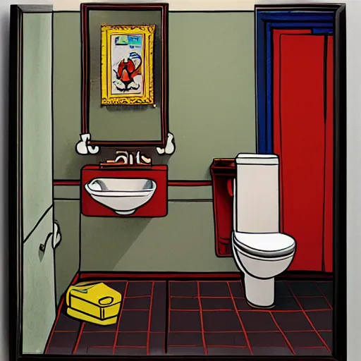 Prompt: photograph of a toilet. the toilet is covered in a painting by richard scarry