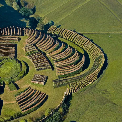 Prompt: Aerial establishing shot of circular wood palisade containing a village