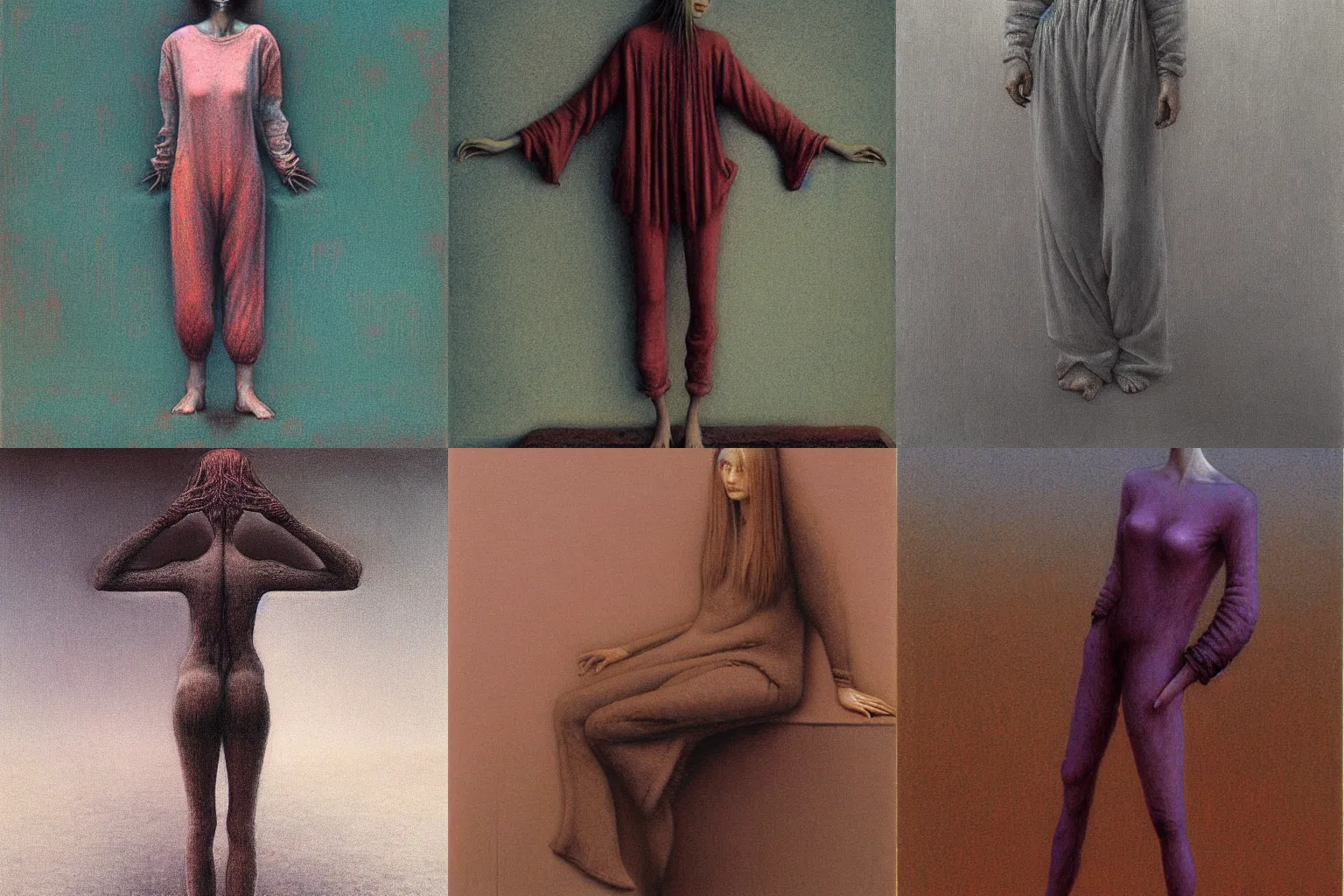 Prompt: full body portrait of female in pajamas by Beksinski