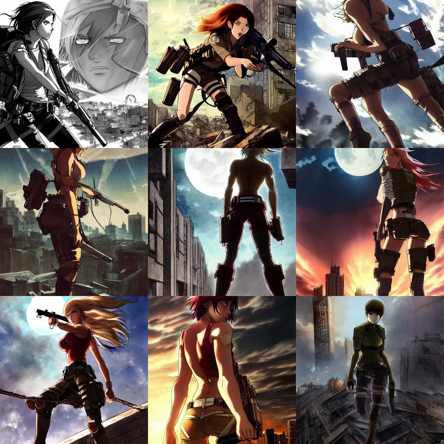 Prompt: instagram, scarlett johansson holding 9 mm! attack on titan anime style, full body profile, dynamic wide angle lens, manga style, by frank frazetta david finch and greg rutkowski, pencil and ink, full moon lighting, fully clothed, hot pants, in a post apocalyptic city