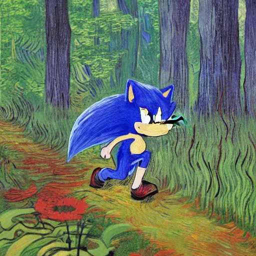 Image similar to sad painting of detailed realistic sonic the hedgehog in the woods at night, in the style of studio ghibli and moebius and claude monet and edward hopper and vincent van gogh