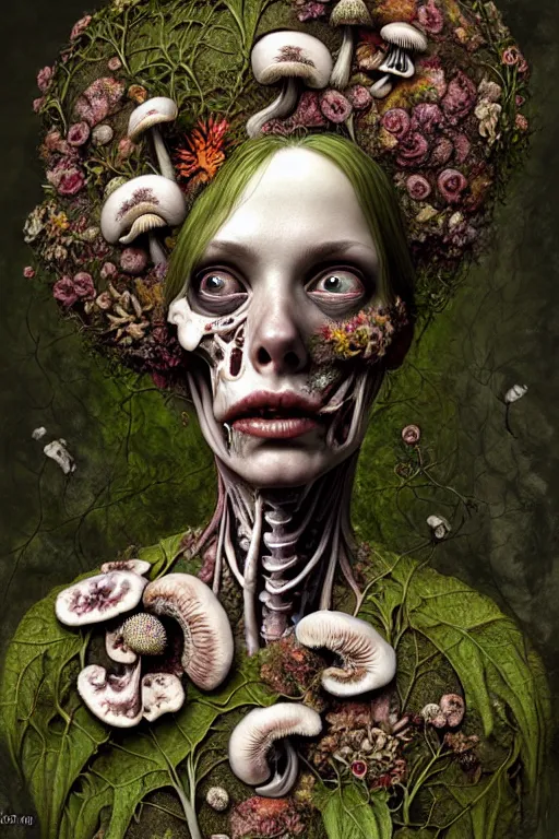 Prompt: very sad and detailed rotten woman corpse with fractal plants and fractal flowers and mushrooms growing around, face muscles, veins, arteries, bones, anatomical, intricate, ornate, surreal, ray caesar, john constable, guy denning, dan hillier