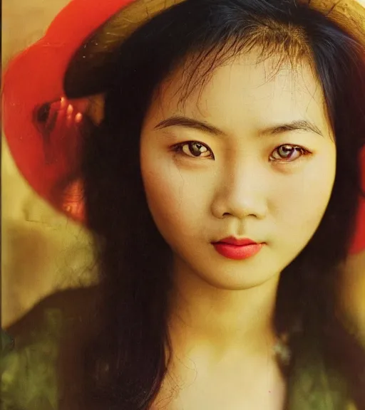 Image similar to vintage_closeup portrait_photo_of_a_stunningly beautiful_vietnamese_woman with amazing shiny eyes, hyper detailed by Annie Leibovitz