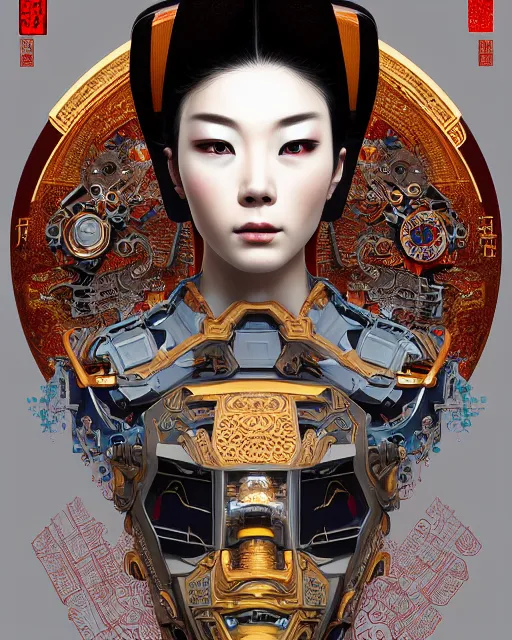 Image similar to portrait of a cyberpunk machine, machine face, upper half portrait, decorated with chinese opera motifs, asian, fine china, traditional chinese art, intricate, elegant, highly detailed, symmetry, headpiece, digital painting, artstation, concept art, smooth, sharp focus, illustration, art by artgerm and greg rutkowski and alphonse mucha, 8 k