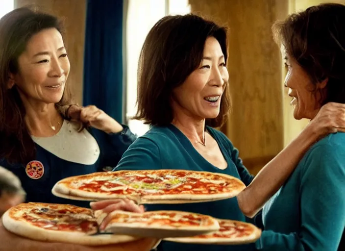 Prompt: a movie still of michelle yeoh's pizza fingers caressing jamie lee curtis's face from the movie everything, everywhere, all at once
