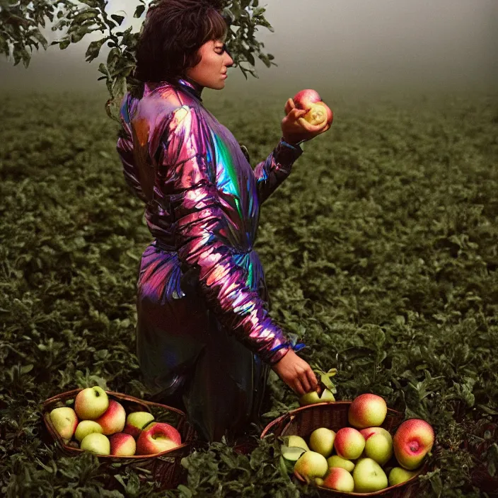 Prompt: a closeup portrait of a woman wearing an iridescent spacesuit, picking apples from a tree, foggy, moody, photograph, by vincent desiderio, canon eos c 3 0 0, ƒ 1. 8, 3 5 mm, 8 k, medium - format print