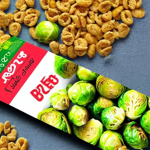 Prompt: a cereal made from brussel sprouts, promotional poster, full view, delicious, colorful