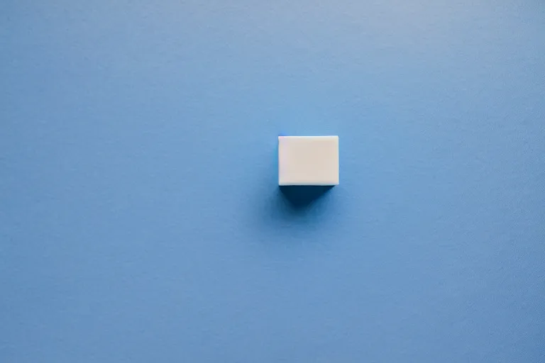 Image similar to single blue cube on white studio floor, soft light, 3 5 mm