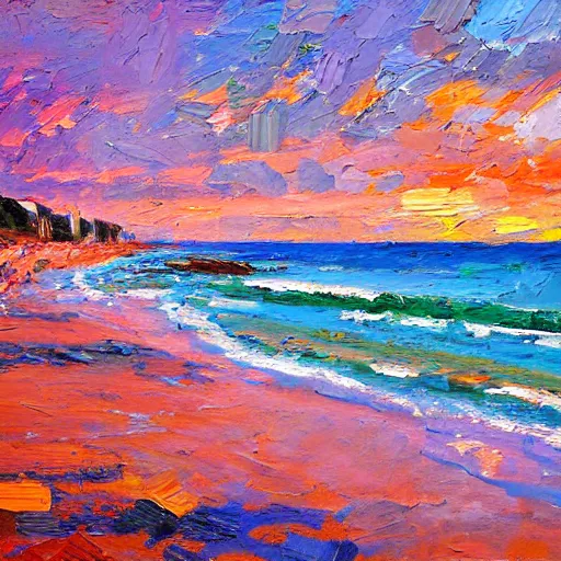 Image similar to leighton beach at sunrise, fremantle, modern, impressionist, highly textured landscape, palette knife, layered, sculptured, dynamic, oil on canvas