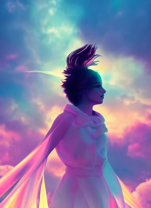 Prompt: female spirit made out of clouds and floating ribbons, spectrum colours, angelic, realistic, cinematic light, volumetric, octane render