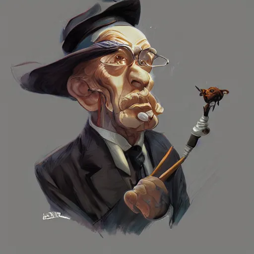 Image similar to distinguished gentleman with electrified walking cane, portrait, behance hd artstation, style of jesper ejsing