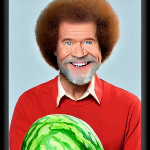 Image similar to bob ross as a watermelon
