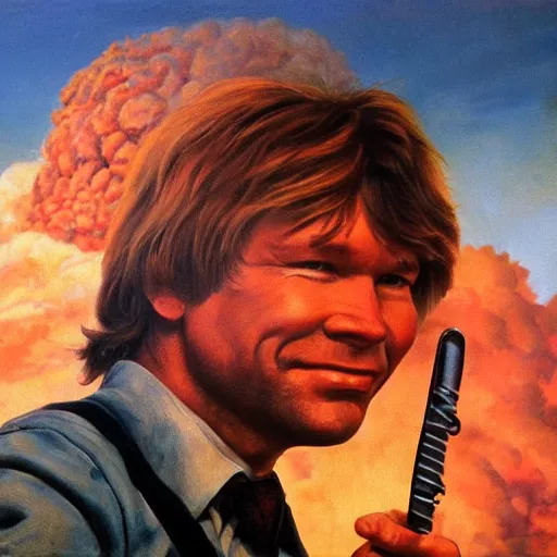 Prompt: ultra realistic portrait painting of john denver in west virginia with a nuclear explosion in the background,, art by frank frazetta, 4 k, ultra realistic, highly detailed, epic lighting