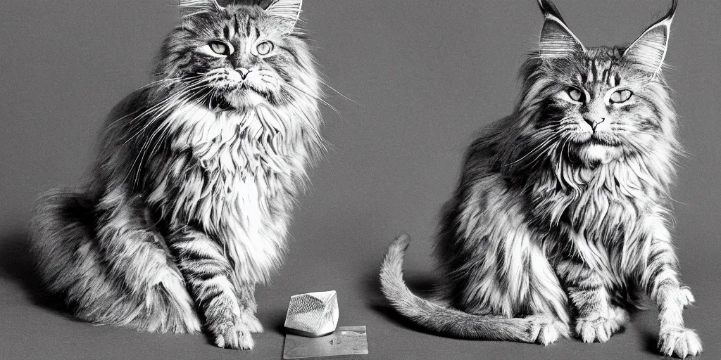 Image similar to a wise old maine coon explaining the beauty of mathematics to a mouse