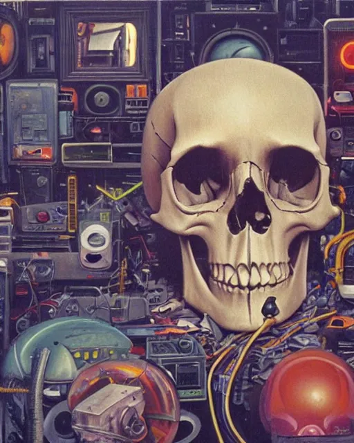 Image similar to a skull observing 8 0 s era technology, vintage shapes, retro technology, vintage color, wayne barlow, oil on canvas, deep depth of field, masterpiece, cinematic composition, hyperdetailed