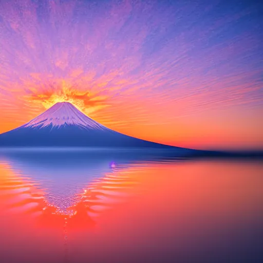 Prompt: mount fuji orange sun's rising from the horizon, 8 k, volumetric lighting, intricate, highly detailed, clear focus, beautiful, award winning, vivid color, real life