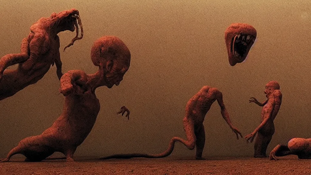 Image similar to the strange creature, made of milk and wax, they fight me, film still from the movie directed by denis villeneuve and david cronenberg with art direction by salvador dali and zdzisław beksinski, wide lens