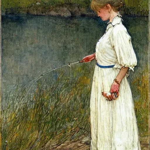 Prompt: a woman wearing a white dress fishing, by Carl larsson