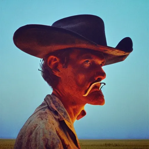 Prompt: detailed photograph of cowboy wearing cowboy hat in a field looking forward with smoke coming from his eyes in the style of zdzisław beksinski : : colorfull