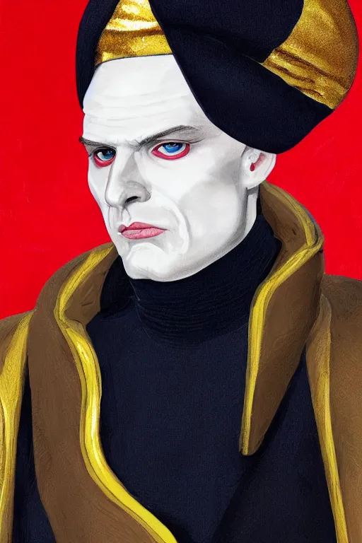 Image similar to a bald pale white man in his late ninetees. stately and dour in his expression. eyeliner accentuates his sunken eyes. a high black turtleneck covers his thin neck. opulent white golden red robe with blue and red. white leather gloves with gold decoration, sharp focus, illustration, digital painting, art by magali villeneuve