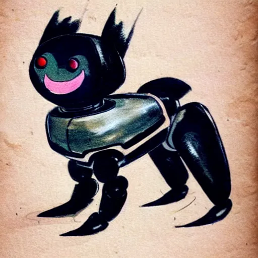 Image similar to a cute black robot pomeranian!!!. ( ( ( alcohol ink on parchment, muted colors, shading!!!, detailed, textured parchment background, 1 9 5 0 s concept art ) ) )