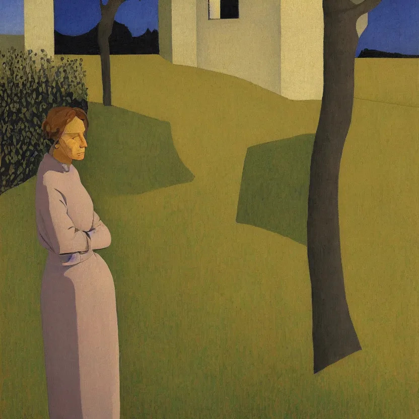 Image similar to a painted portrait of a women outdoors paused in thought, art by felice casorati, aesthetically pleasing and harmonious natural colors, rule of thirds, expressionism