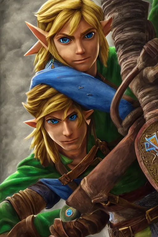 Image similar to Link from Zelda oil on canvas, intricate, portrait, 8k highly professionally detailed, HDR, CGsociety