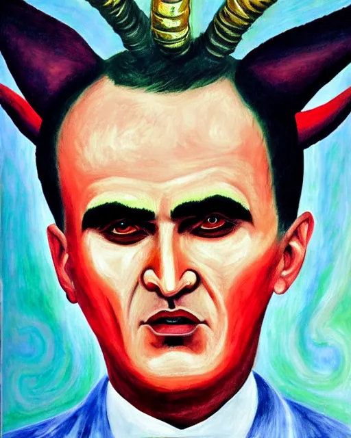 Image similar to expressionist painting of demonic aloysius stepinac with demonic eyes and horns, vivid colors, high production value, intricate details, high resolution, hyperrealistic, hdr, high definition, masterpiece, ultra realistic, highly detailed, hd, sharp focus, non blurry, sharp, smooth